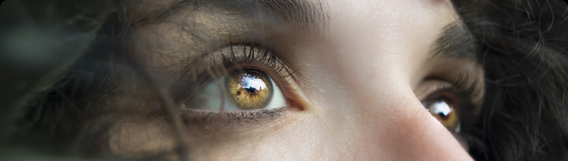 The eyeline of a face with dark hair